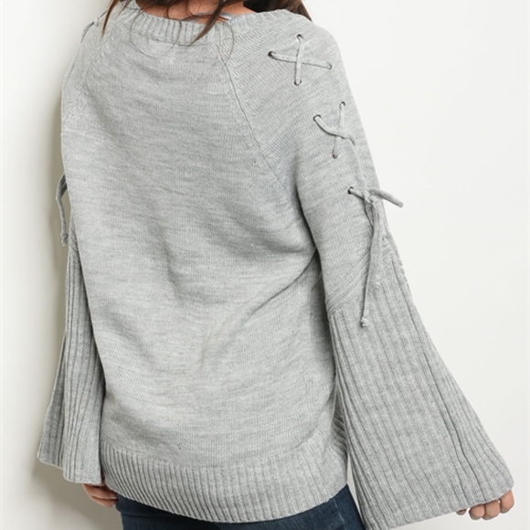 SALE! LACE UP SLEEVE GREY SWEATER W BELL SLEEVES - Picture 2 of 3